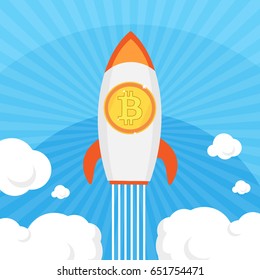 Illustration of rocket flying over clouds with bitcoin icon