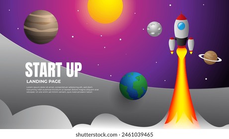 illustration of rocket flying in space with planets and sun. start up landing page concept. start up presentation design.