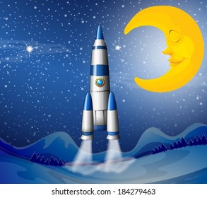 Illustration einer Rakete, die mit einem schlafenden Mond zum Himmel fliegt
