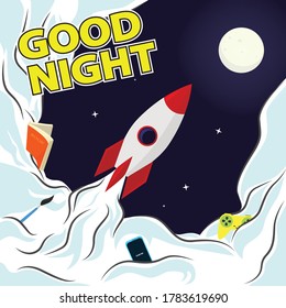 Illustration of rocket. Good Night Poster. Night