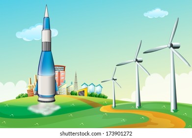 Illustration of a rocket at the hilltop with windmills
