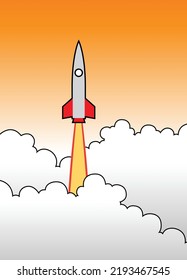 Illustration of a Rocket Launching and Flying into the Orange Sky