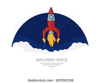 Illustration of rocket launching into the space on semicircle dark backdrop, outline colored graphic
