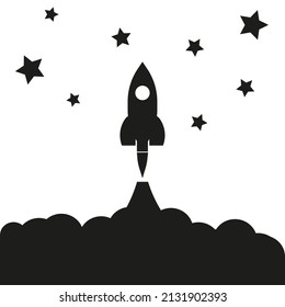 Illustration of a rocket launching into space. Black on a white background. Vector illustration