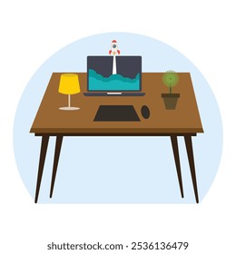 Illustration of a rocket launching from a laptop computer on a wooden table with a lamp and a flower in the basin. The concept of success and financial gain.