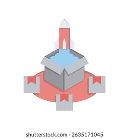 Ilustração de um lançamento de foguete a partir de uma caixa aberta rodeada por caixas de distribuição, representando um lançamento de negócios com alcance global e serviços de entrega