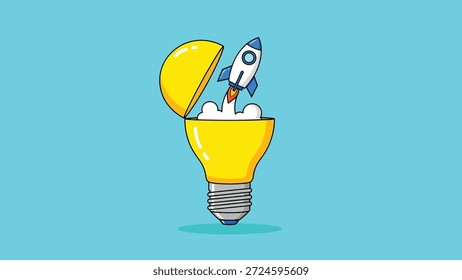 Ilustración de un cohete que se lanza desde una bombilla abierta, que representa una nueva idea, una empresa emergente o una innovación empresarial.
