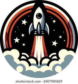 illustration of a rocket logo in a circle taking off, emitting thick smoke beneath it, with lots of stars in the background