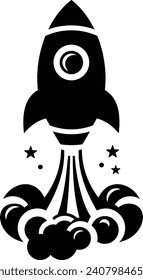 illustration of a rocket logo or icon taking off and emitting smoke underneath