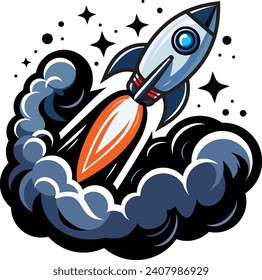 illustration of a rocket logo taking off, emitting thick smoke beneath it, with lots of stars in the background