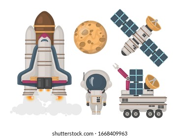 Illustration of the rocket, moon rover, spaceman, satellite. Cosmic collection of illustrations. Vector. 