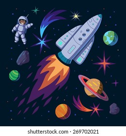 Illustration of rocket. Set of astronaut, planets, comets