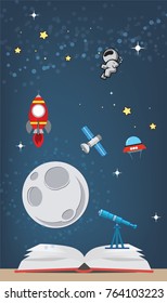 illustration of a  rocket ship space vehicle blasting off into the sky.