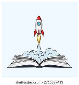 Ilustración de un cohete despegando de un libro abierto con humo y llamas