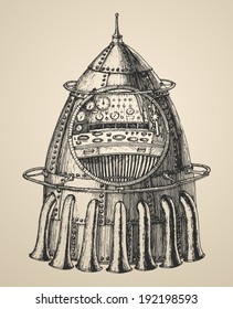Illustration of a rocket ship in a vintage retro style, hand drawn