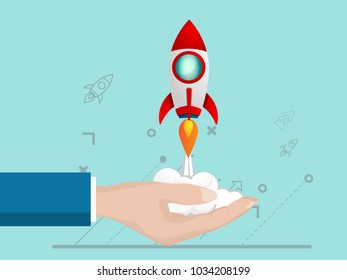 illustration of rocket startup launch from human hand business startup concept