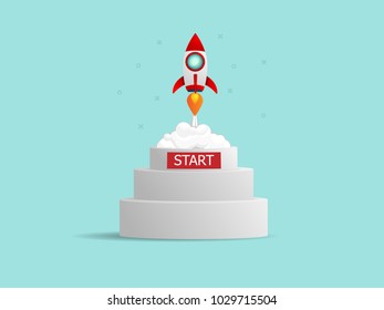 illustration of rocket startup launch from podium business startup concept vector background