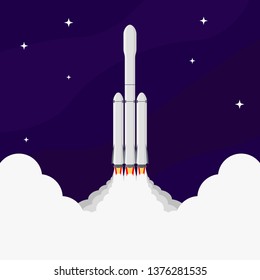 Illustration of a rocket taking off into space against a starry sky at night. Vector