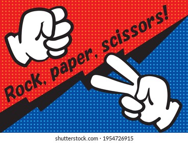 Illustration of rock-paper-scissors with American comic touch. Rock-scissors