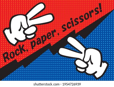 Illustration von Rock-Papier-Schere mit amerikanischem Comic-Touch. Schere