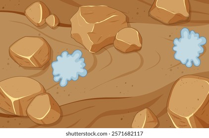 Illustration of rocks and puddles on ground