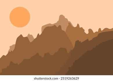 Illustration of a rocky mountain with a sunset view in flat design
