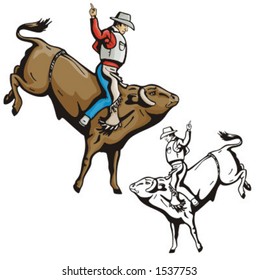 Illustration of a rodeo cowbow riding a bull.