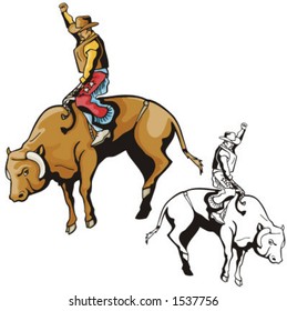 Illustration of a rodeo cowbow riding a bull.