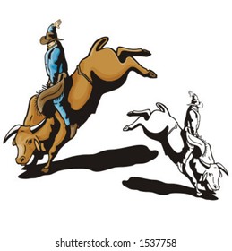 Illustration of a rodeo cowbow riding a bull.