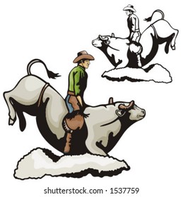 Illustration of a rodeo cowbow riding a bull.