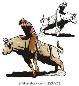 Illustration of a rodeo cowbow riding a bull.