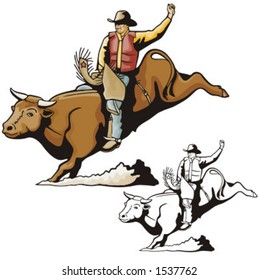 Illustration of a rodeo cowbow riding a bull.