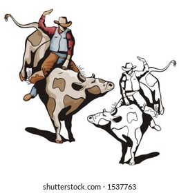 Illustration of a rodeo cowbow riding a bull.