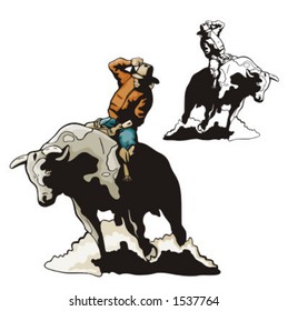 Illustration of a rodeo cowbow riding a bull.