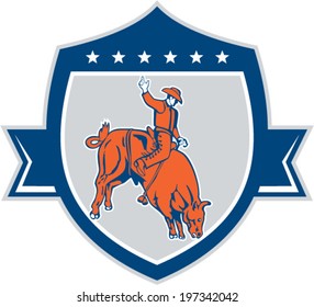 Illustration of rodeo cowboy riding bucking bull set inside shield crest on isolated white background done in retro style.