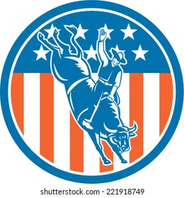 Illustration of rodeo cowboy riding bucking bull set inside circle with american stars and stripes in the background done in retro style. 