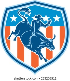 Illustration of rodeo cowboy riding bucking bull set inside shield crest with american stars and stripes flag in the background done in retro style. 