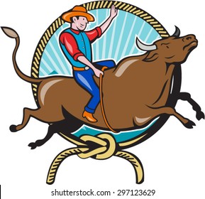Illustration of rodeo cowboy riding bucking bull viewed from the side with lasso rope and sunburst in the background done in cartoon style. 