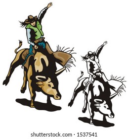 Illustration of a rodeo cowboy riding a bull.
