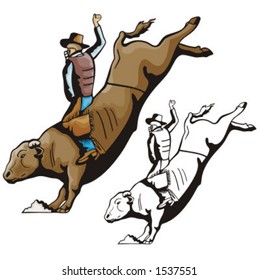 Illustration of a rodeo cowboy riding a bull.