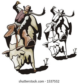 Illustration of a rodeo cowboy riding a bull.