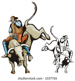 Illustration of a rodeo cowboy riding a bull.