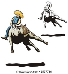 Illustration of a rodeo cowboy riding a bull.