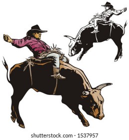 Illustration of a rodeo cowboy riding a bull.