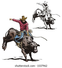 Illustration of a rodeo cowboy riding a bull.