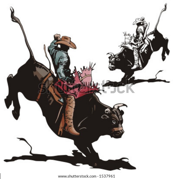 Illustration of a rodeo\
cowboy riding a\
bull.