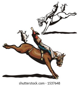Illustration of a rodeo cowboy riding a horse.