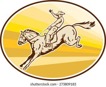 Illustration of rodeo cowboy riding horse jumping viewed from the side set inside oval with sunburst in the background done in retro style. 