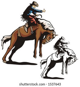 Illustration of a rodeo cowboy riding a saddled horse.