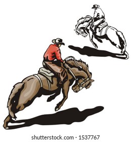 Illustration of a rodeo cowboy riding a saddled horse.